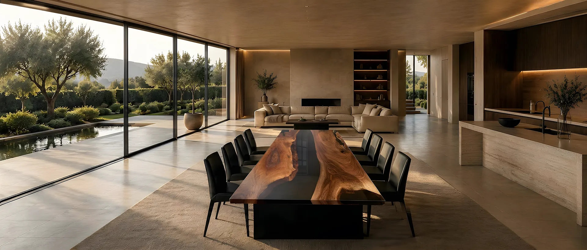 Custom furniture design process with black walnut slab, drawings, and material samples
